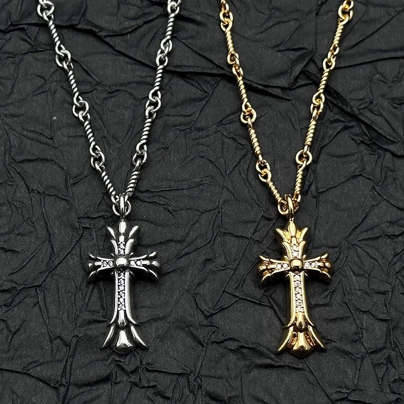 S925 Sterling Silver Double-layer Full Diamond Cross Pendant Necklace Retro and Old Niche Men and Women