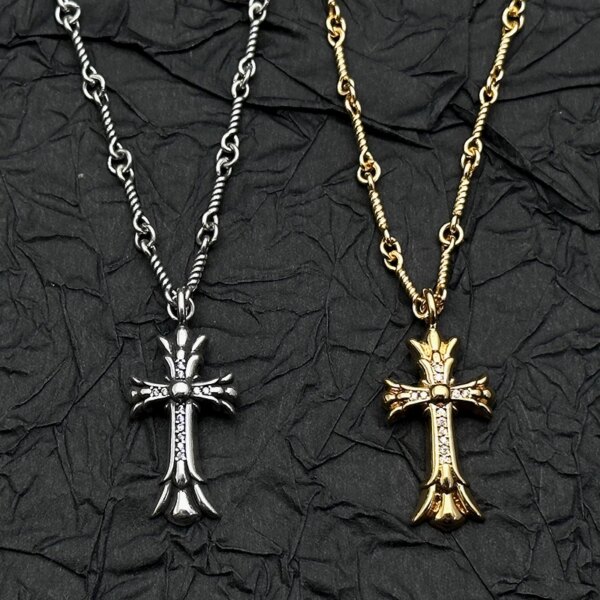 S925 Sterling Silver Double-layer Full Diamond Cross Pendant Necklace Retro and Old Niche Men and Women