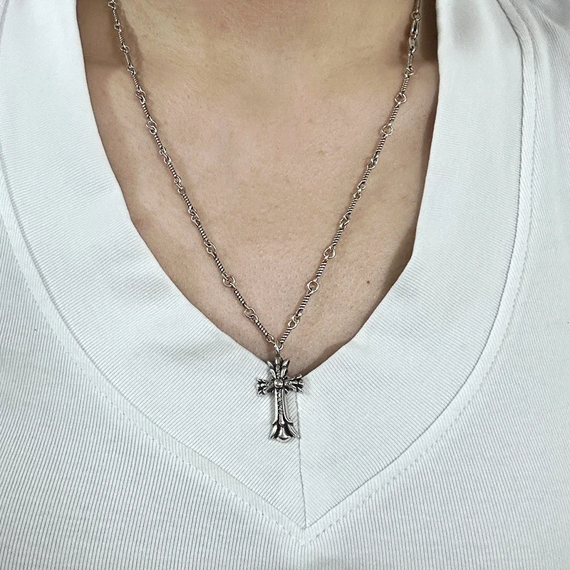S925 Sterling Silver Double-layer Full Diamond Cross Pendant Necklace Retro and Old Niche Men and Women