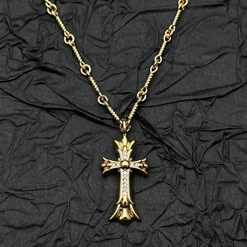 S925 Sterling Silver Double-layer Full Diamond Cross Pendant Necklace Retro and Old Niche Men and Women