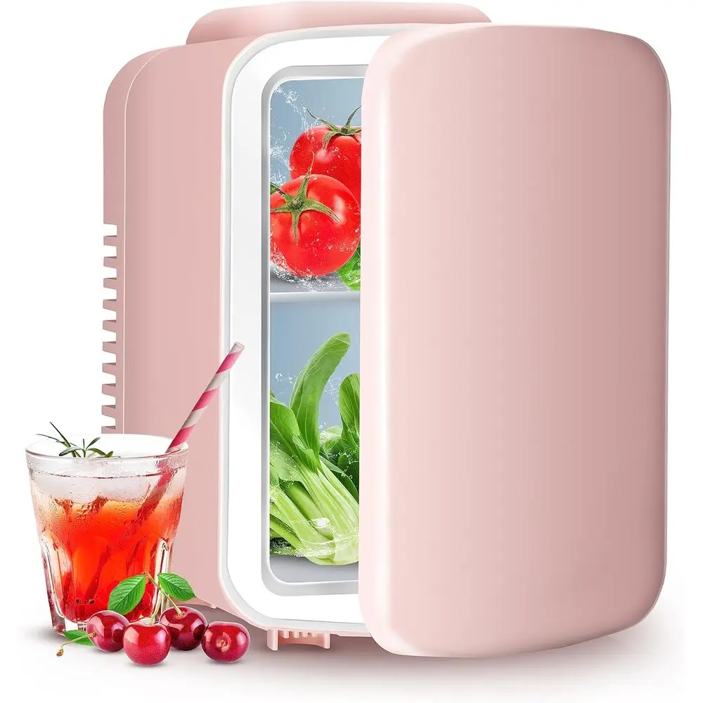 4L Mini Fridge 6 Can Portable Cooler & Warmer Compact Refrigerators for Food, Drinks, SkinCare, Office Desk, Pink
