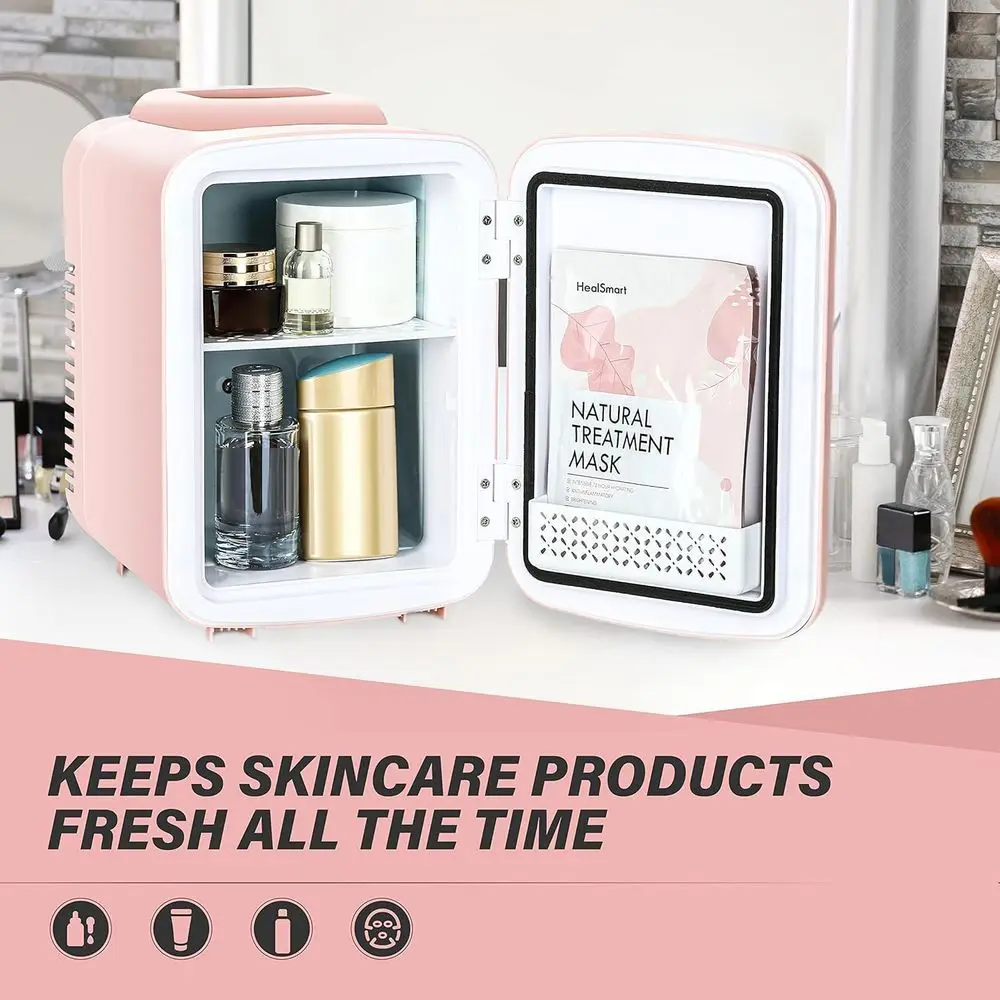 4L Mini Fridge 6 Can Portable Cooler & Warmer Compact Refrigerators for Food, Drinks, SkinCare, Office Desk, Pink