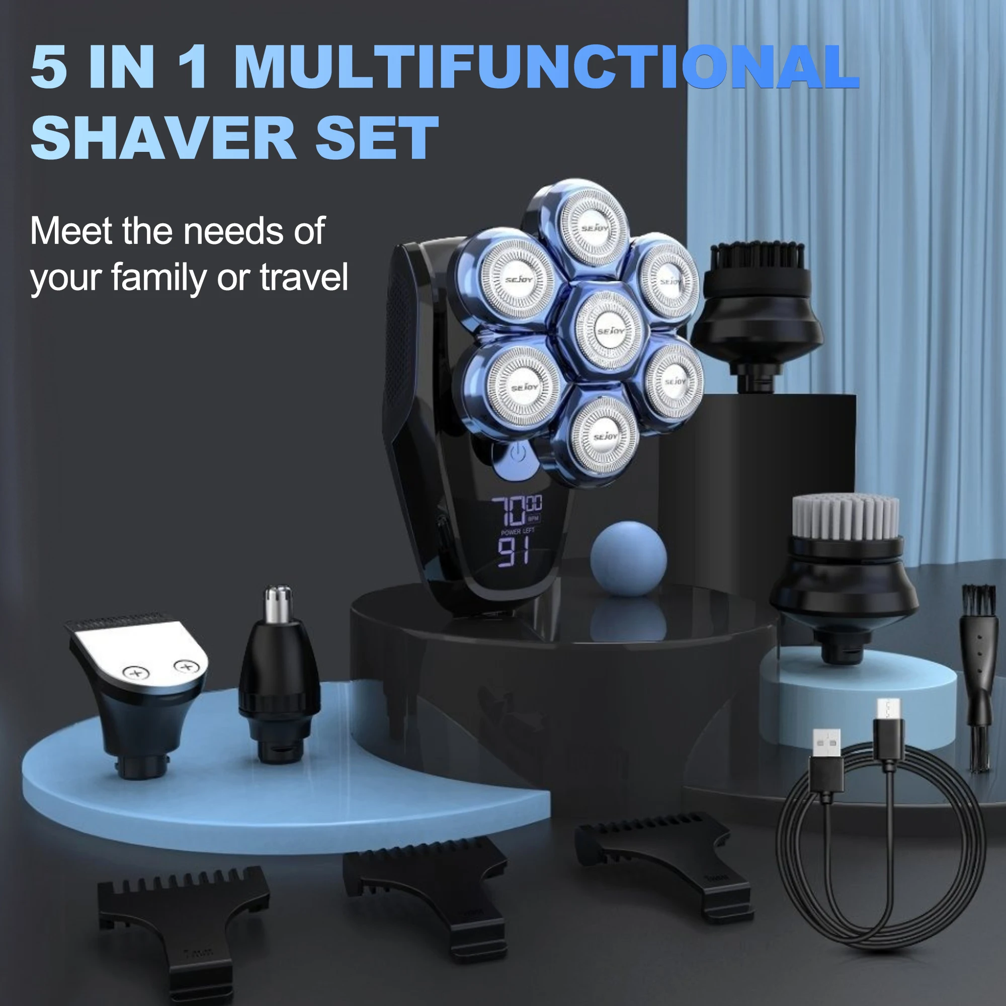 Sejoy 6-in-1 7D Head Shavers for Bald Men Electric Razor with Nose Hair Trimmer Waterproof Multifunctional Men Grooming Kit