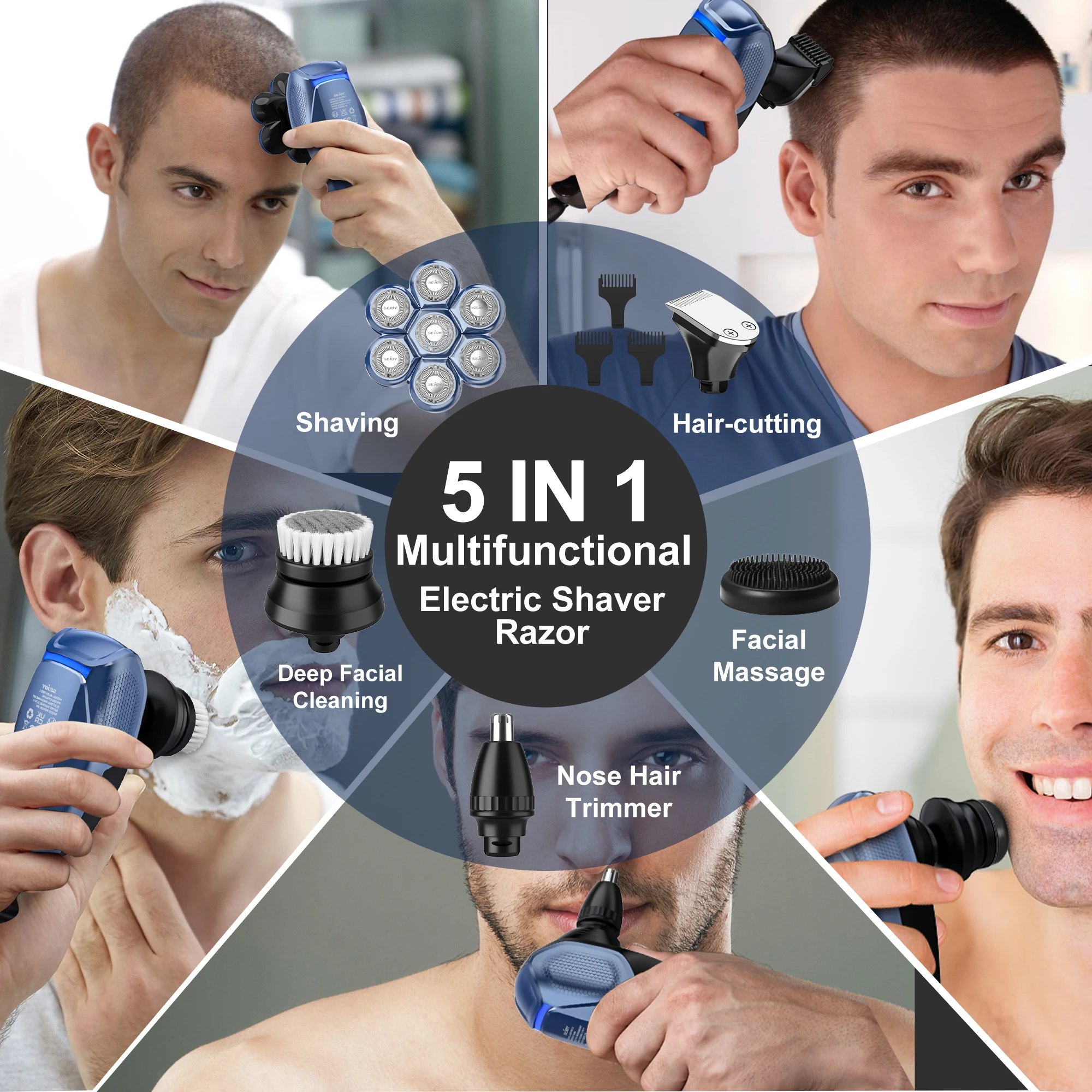 Sejoy 6-in-1 7D Head Shavers for Bald Men Electric Razor with Nose Hair Trimmer Waterproof Multifunctional Men Grooming Kit