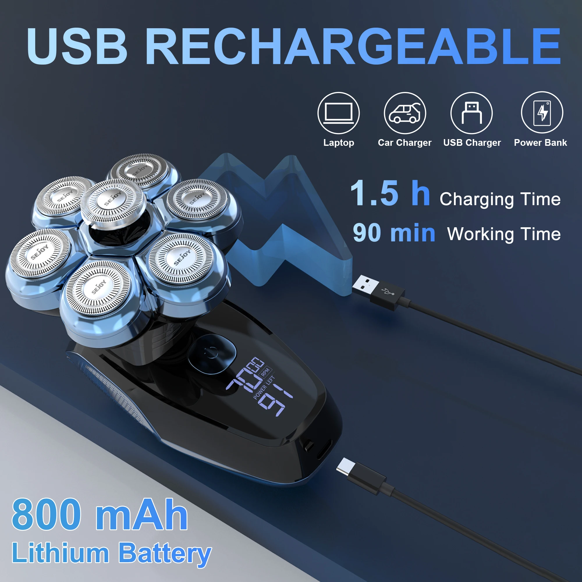 Sejoy 6-in-1 7D Head Shavers for Bald Men Electric Razor with Nose Hair Trimmer Waterproof Multifunctional Men Grooming Kit