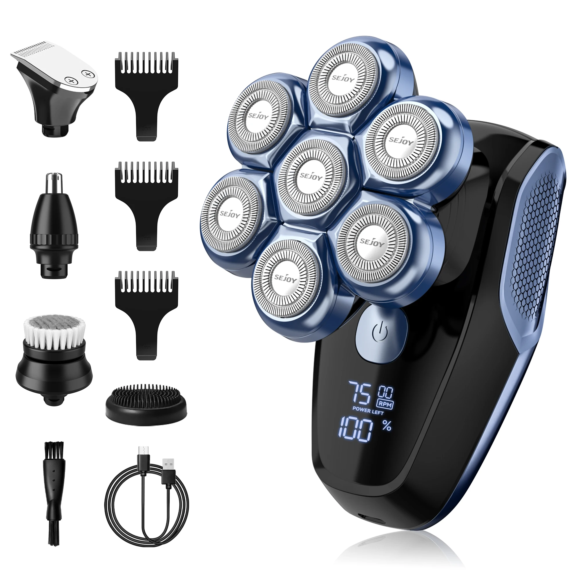 Sejoy 6-in-1 7D Head Shavers for Bald Men Electric Razor with Nose Hair Trimmer Waterproof Multifunctional Men Grooming Kit