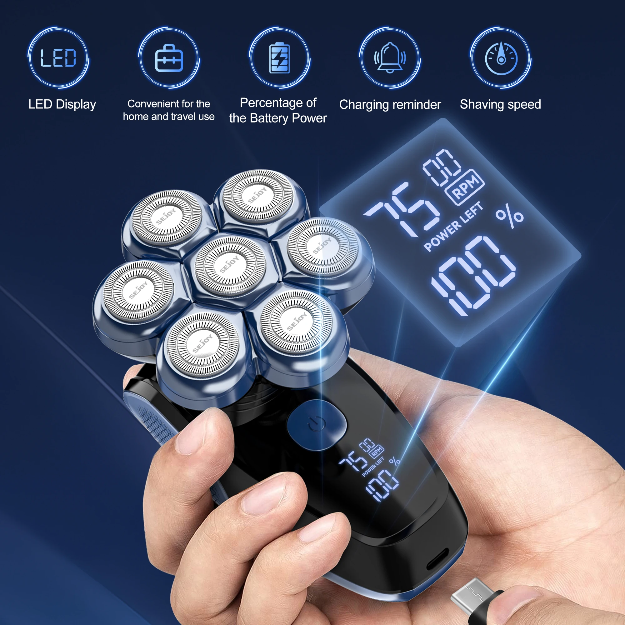 Sejoy 6-in-1 7D Head Shavers for Bald Men Electric Razor with Nose Hair Trimmer Waterproof Multifunctional Men Grooming Kit