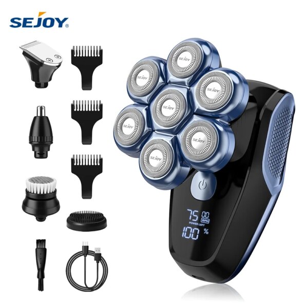 Afeitadora eléctrica Sejoy 6 en 1 con cabezal 7D para hombres calvos, máquina de afeitar con recortador de vello nasal, impermeable y multifuncional, kit de cuidado personal masculino.