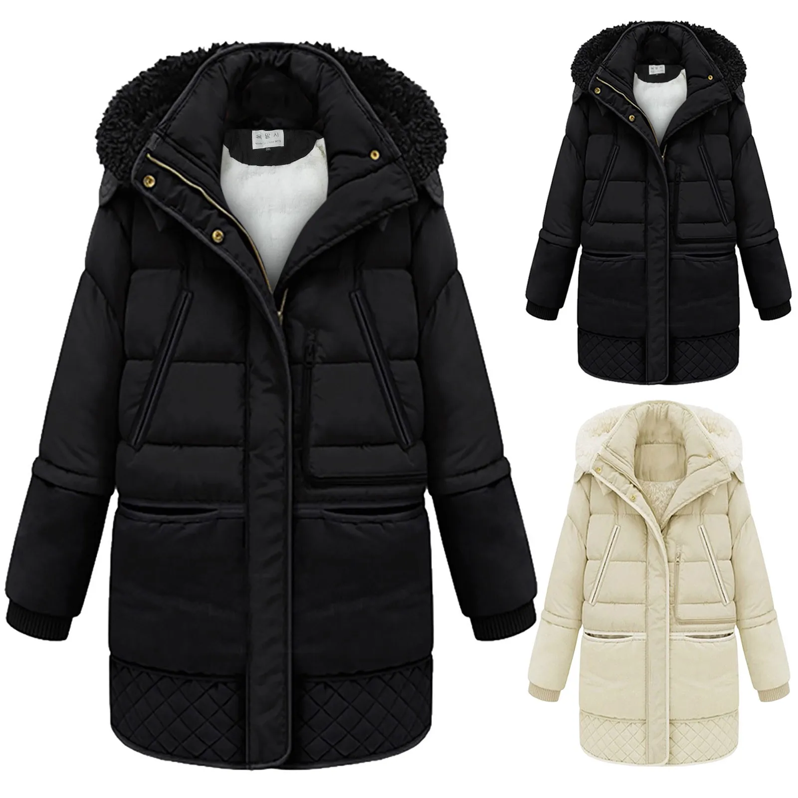 Women Winter Thick Down Jacket Mid Length Korean Winter Lamb Wool Coat Turtleneck Hooded Cotton-Padded Jacket Woman Coats
