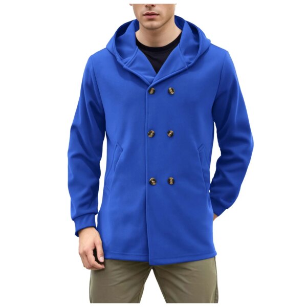 Abrigo de lana para hombre con capucha, color sólido, diseño de doble botonadura, estilo casual, abrigo largo tipo trench con lana tipo borrego, chaqueta de invierno masculina elegante.