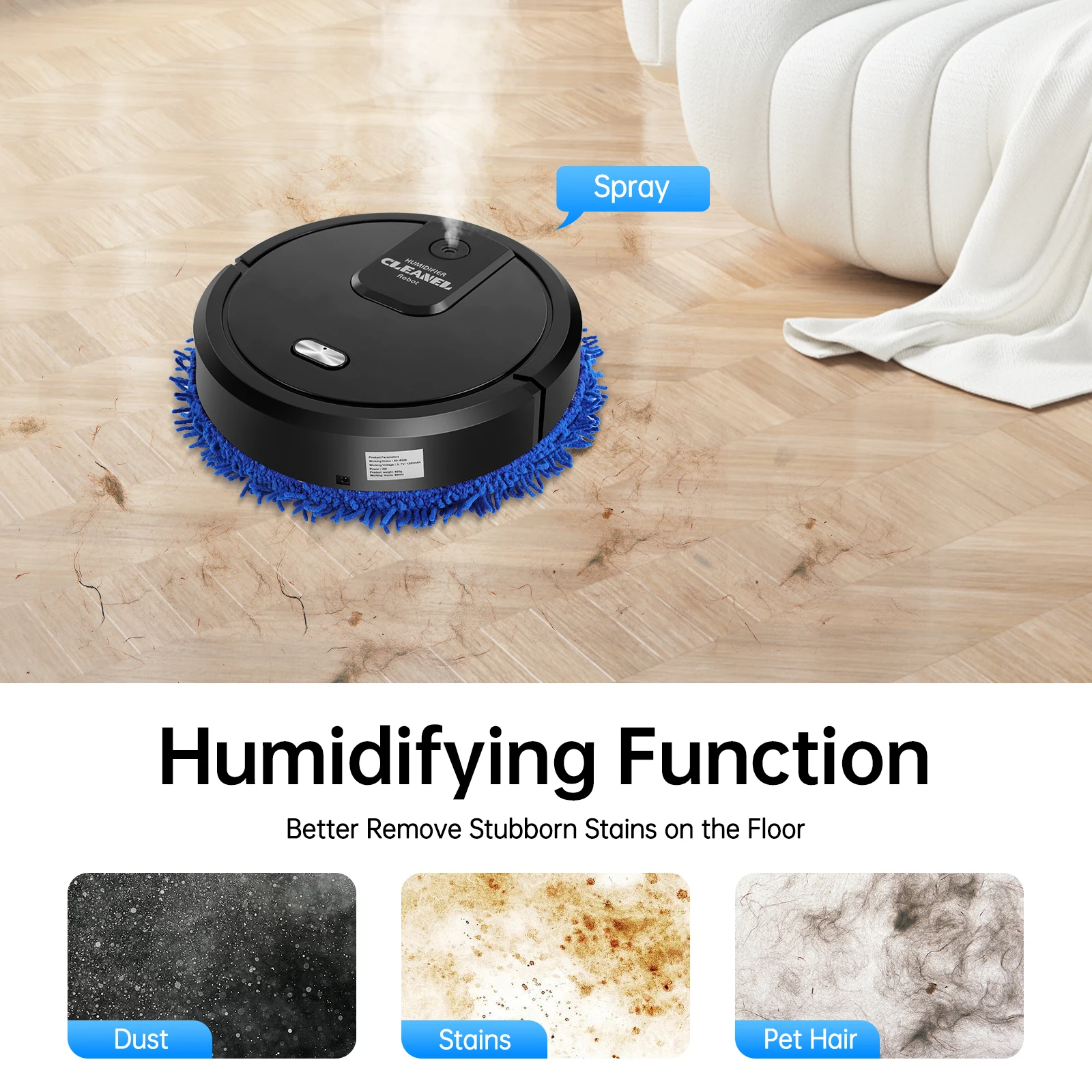 Auto Smart Robotic Mopping Machine Wet Dry Dual Use 10000RPM 60min Floor Cleaner with Spray Humidifying ABS Home Kitchen Tile