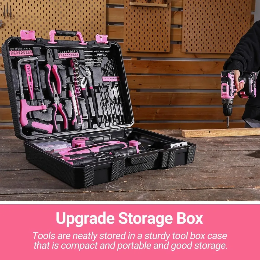 Pink Power Drill Tool Kit Set: 20V Cordless Electric Drill, Driver, Tool Box with Battery taladro inalambrico