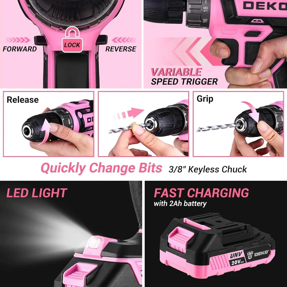 Pink Power Drill Tool Kit Set: 20V Cordless Electric Drill, Driver, Tool Box with Battery taladro inalambrico