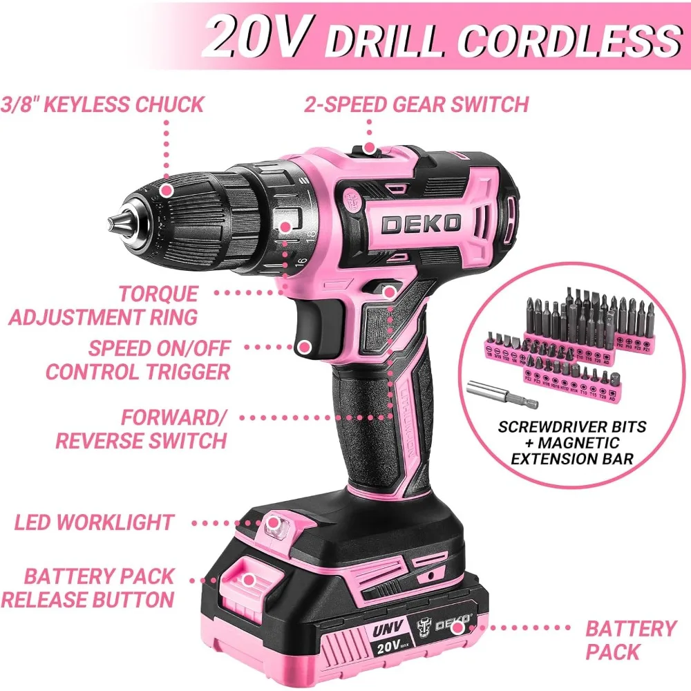Pink Power Drill Tool Kit Set: 20V Cordless Electric Drill, Driver, Tool Box with Battery taladro inalambrico