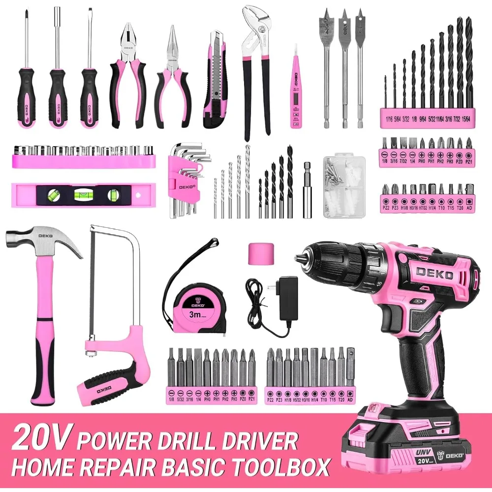 Pink Power Drill Tool Kit Set: 20V Cordless Electric Drill, Driver, Tool Box with Battery taladro inalambrico