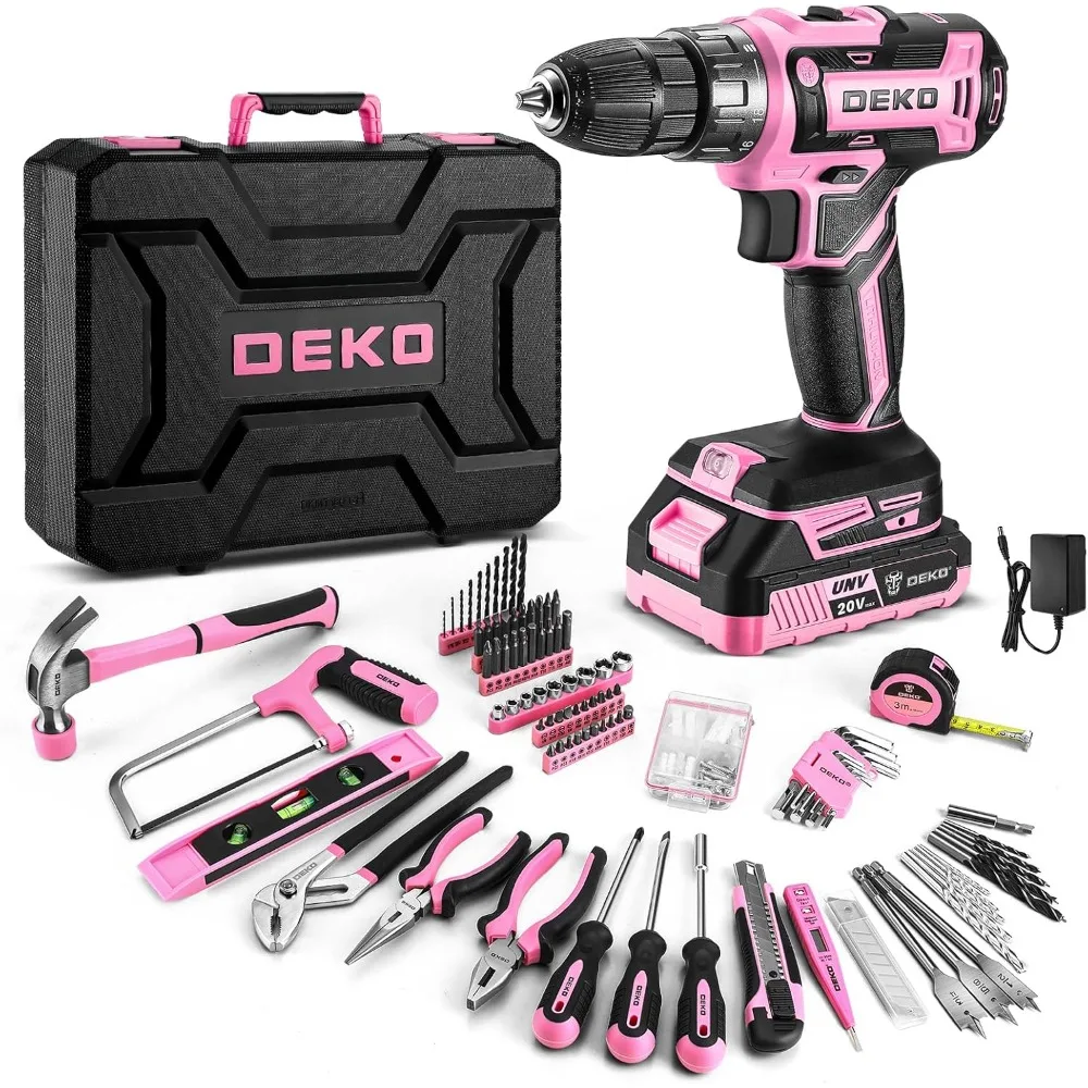 Pink Power Drill Tool Kit Set: 20V Cordless Electric Drill, Driver, Tool Box with Battery taladro inalambrico