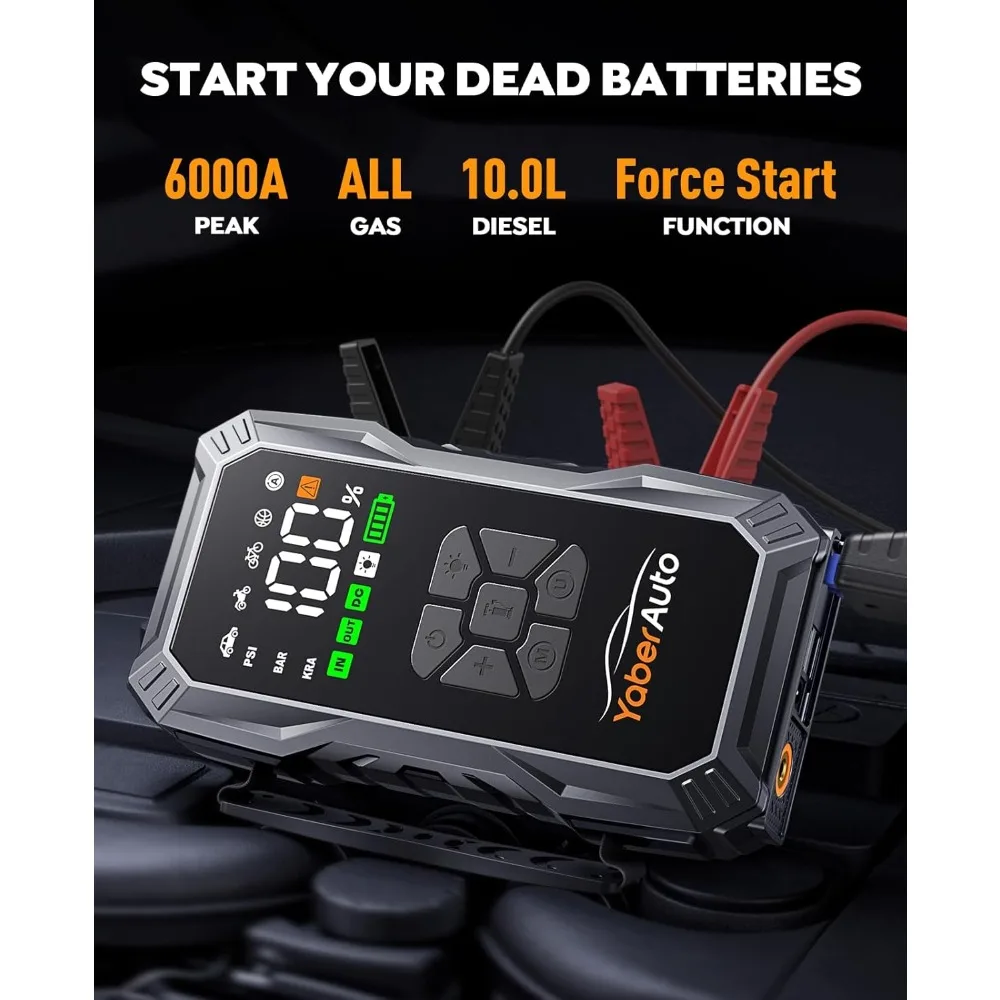 YaberAuto 10-in-1 Jump Starter with Air Compressor 6000A 150PSI Portable Car Battery Jump Starter (All Gas/10L Diesel) Jump Box