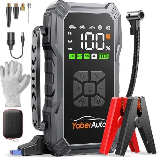 Arrancador de batería YaberAuto 10 en 1 con compresor de aire, 6000A y 150 PSI, arrancador portátil para coche (compatible con todos los motores de gasolina y diésel hasta 10L), jump starter multifunción.
