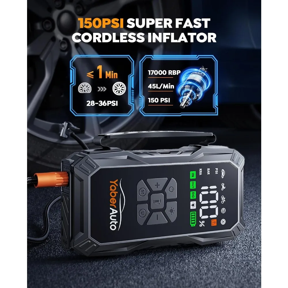 YaberAuto 10-in-1 Jump Starter with Air Compressor 6000A 150PSI Portable Car Battery Jump Starter (All Gas/10L Diesel) Jump Box