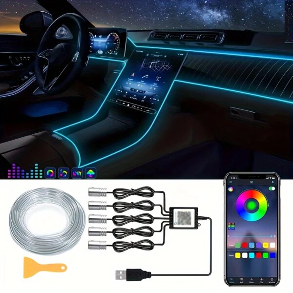 Luces LED para coche, iluminación interior RGB 5 en 1, kit de iluminación ambiental, barras de luz LED para automóvil con función de sincronización con la música.