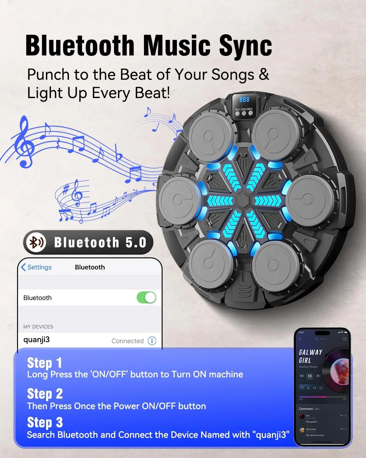 Upgraded Music Punching Machine for Kids and Adults, Wall Boxing Punching Pad with Bluetooth & Rhythm Lights, 3 Speed Modes