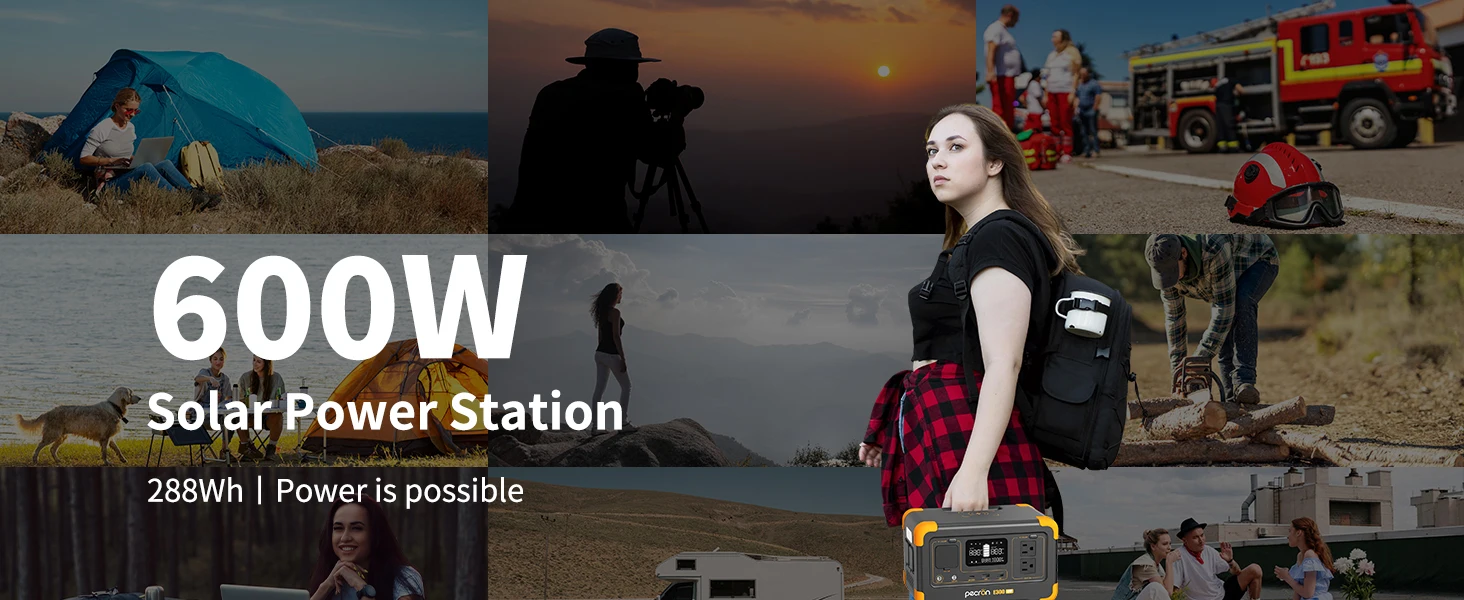 Pecron E300LFP Portable Power Station with 100W Portable Solar Panel(Included) Pure Sine Wave 288Wh 600W Solar Generator Camping