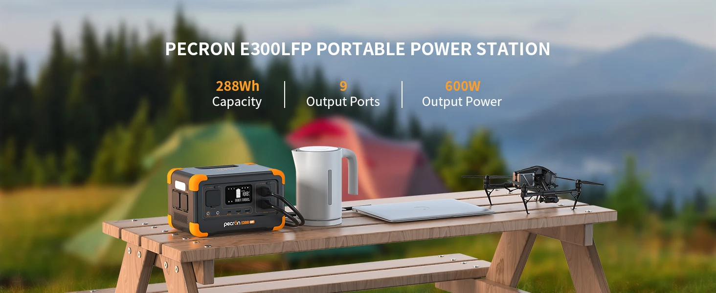 Pecron E300LFP Portable Power Station with 100W Portable Solar Panel(Included) Pure Sine Wave 288Wh 600W Solar Generator Camping