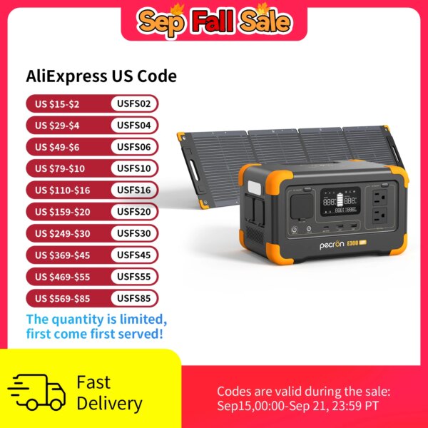 Pecron E300LFP Estación de Energía Portátil con Panel Solar Portátil de 100W (incluido), generador solar de 600W con onda sinusoidal pura y batería de 288Wh, ideal para camping y actividades al aire libre.