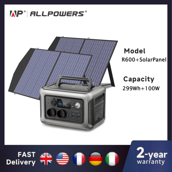 ALLPOWERS Panel solar de 100W / 140W / 200W, cargador de energía solar con batería LiFePO4 de 299Wh y estación de energía portátil de 600W para camping y autocaravanas (RV).