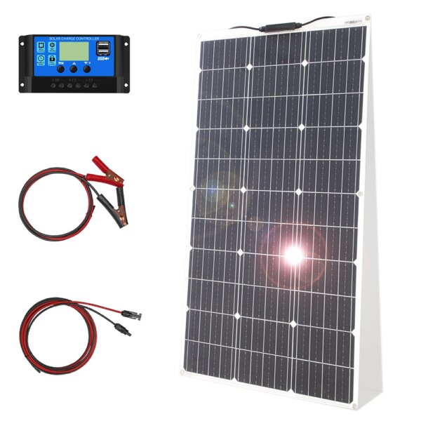 Kit de panel solar flexible de 12V, 100W / 200W, monocristalino e impermeable, con controlador incluido, ideal para autocaravanas (RV), camping y uso en exteriores.