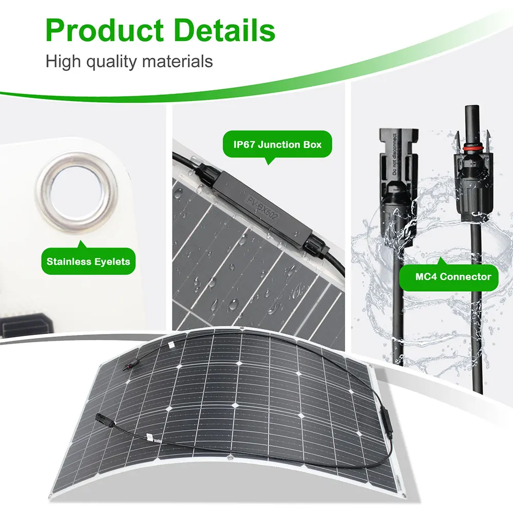 12V Flexible Solar Panel Kit 100W 200W Monocrystalline Waterproof with Controller for RV Camping Outdoor