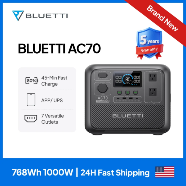 BLUETTI AC70 Estación de Energía Portátil | 1000W 768Wh, generador para viajes por carretera, uso fuera de la red y cortes de energía.