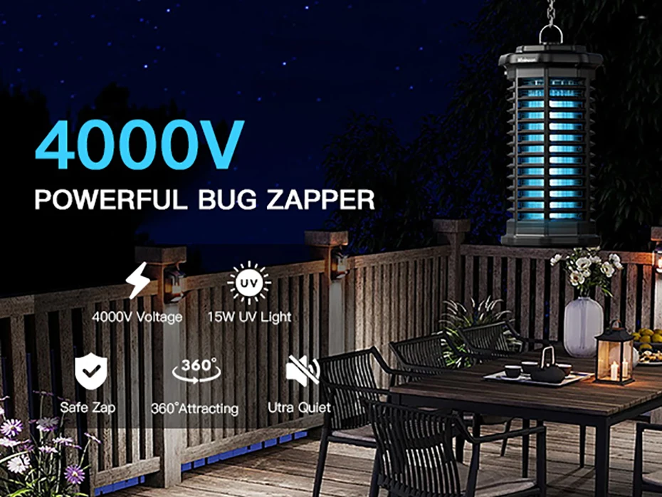 Bug Zapper Outdoor 4000V Powerful Electric Mosquito Zapper 15w Fly Trap Outdoor, IPX4 Fly Zapper for Indoor Yard Backyard Patio