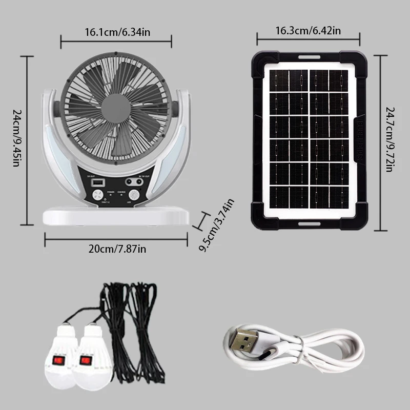 Solar-powered multifunctional fan, LED emergency light bulb, USB charging, night light function, can charge mobile phones