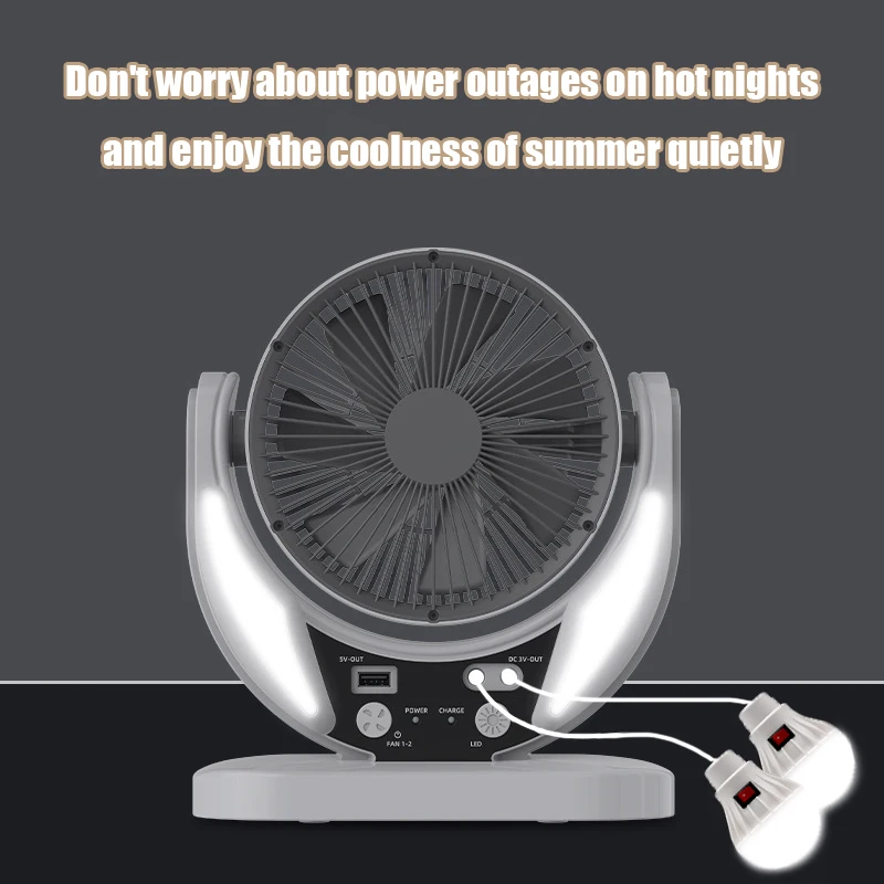 Solar-powered multifunctional fan, LED emergency light bulb, USB charging, night light function, can charge mobile phones