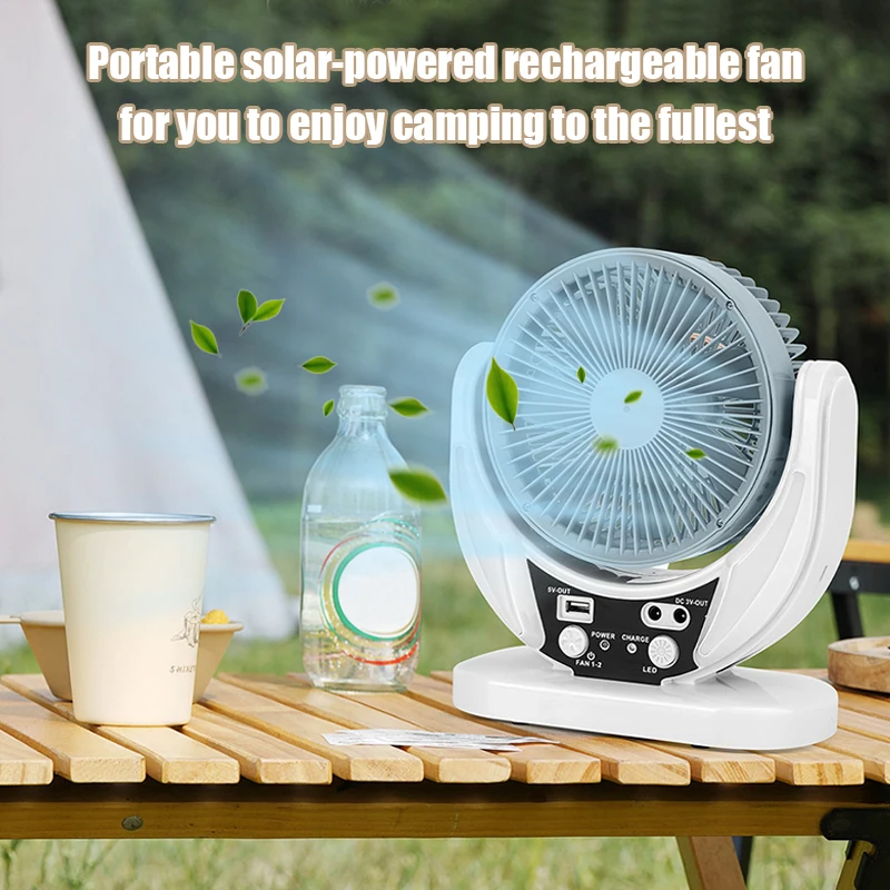 Solar-powered multifunctional fan, LED emergency light bulb, USB charging, night light function, can charge mobile phones