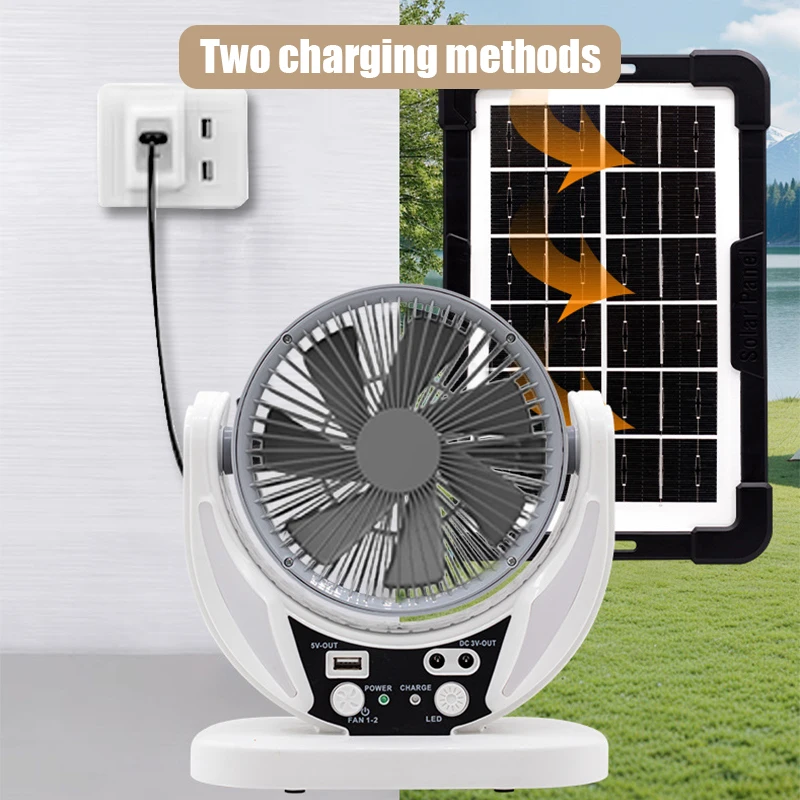 Solar-powered multifunctional fan, LED emergency light bulb, USB charging, night light function, can charge mobile phones