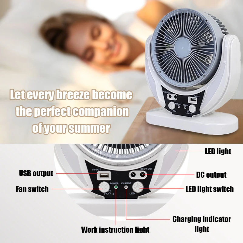 Solar-powered multifunctional fan, LED emergency light bulb, USB charging, night light function, can charge mobile phones